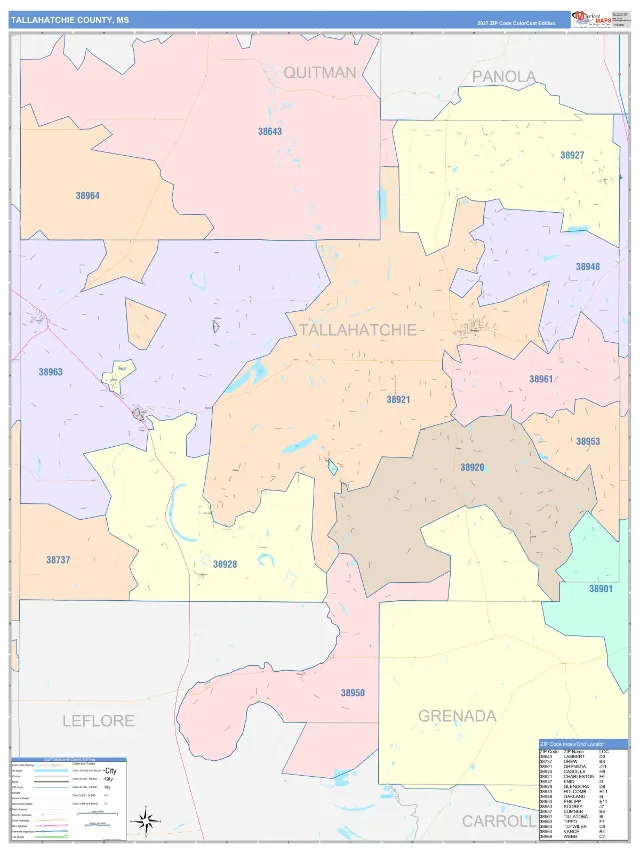 Tallahatchie County, MS ZIP Code Wall Map, ColorCast style