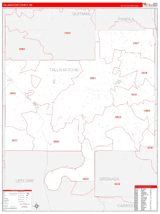 Tallahatchie County, MS RedLine style ZIP Code wall map