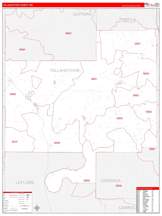 Tallahatchie County, MS ZIP Code Wall Map, RedLine style