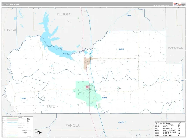 Tate County, MS ZIP Code Wall Map, Classic style
