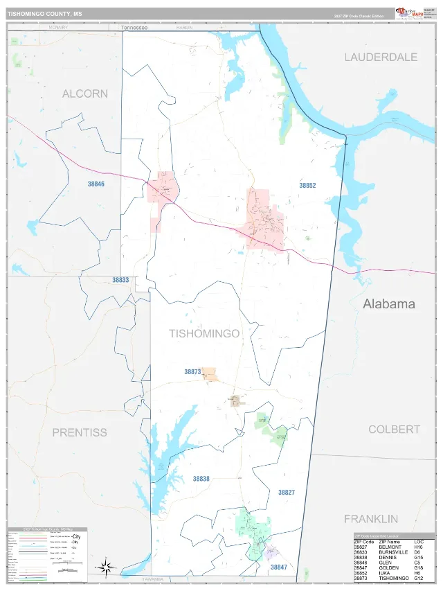 Tishomingo County, MS ZIP Code Wall Map, Classic style