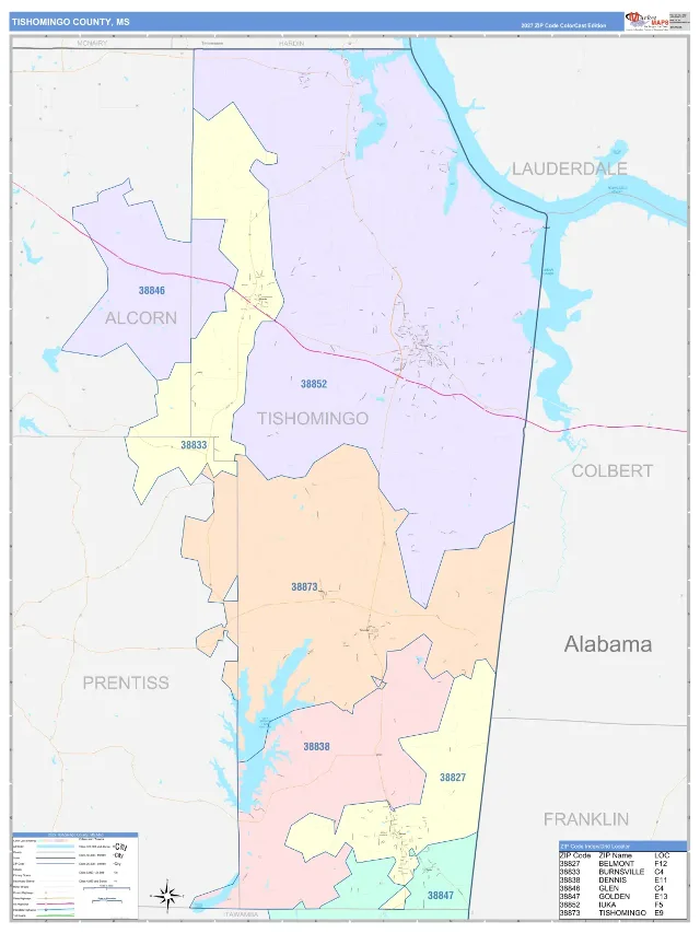 Tishomingo County, MS ZIP Code Wall Map, ColorCast style