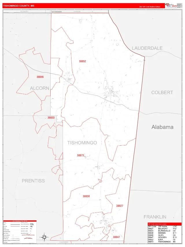 Tishomingo County, MS ZIP Code Wall Map, RedLine style