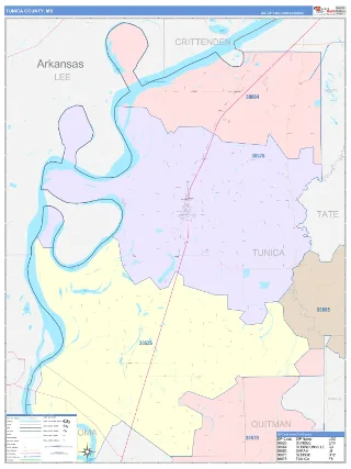 Tunica County, MS ColorCast style ZIP Code wall map