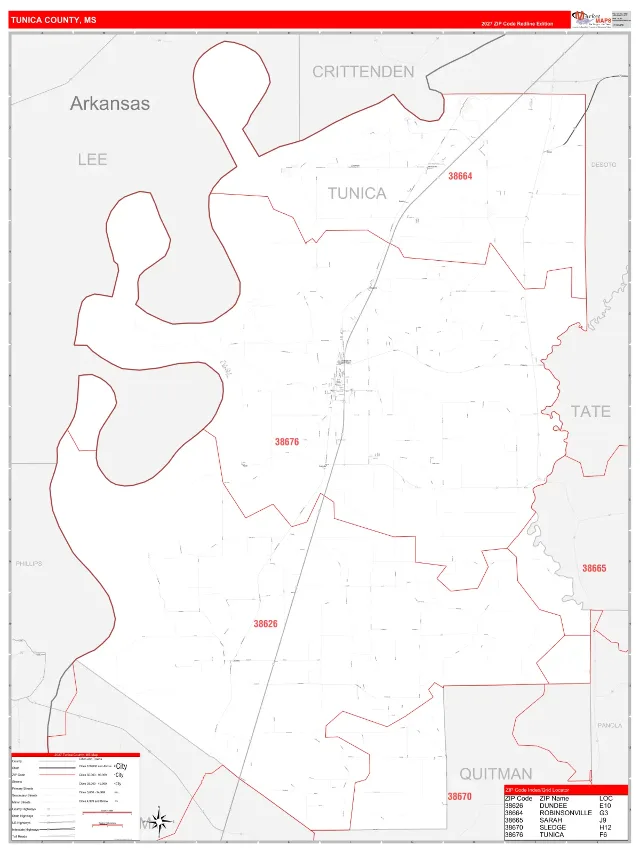 Tunica County, MS ZIP Code Wall Map, RedLine style