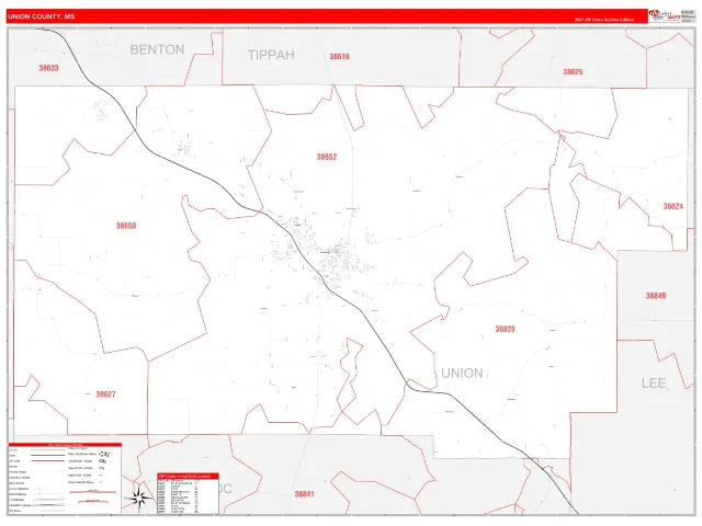 Union County, MS ZIP Code Wall Map, RedLine style