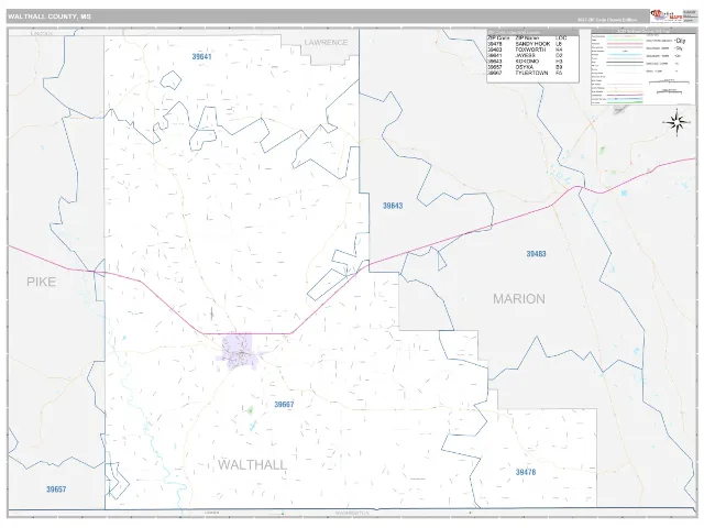 Walthall County, MS ZIP Code Wall Map, Classic style