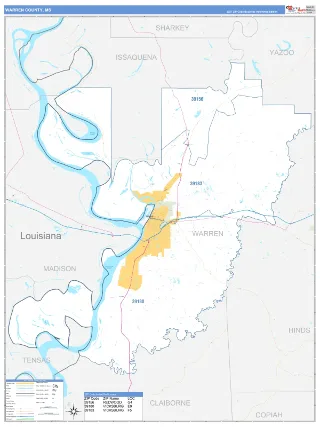 Warren County, MS Business Reference style ZIP Code wall map