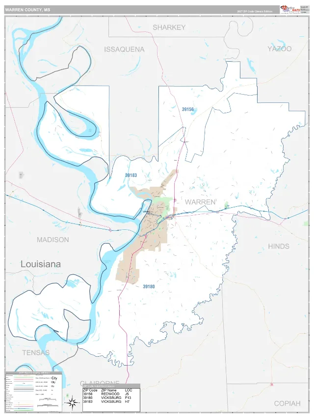 Warren County, MS ZIP Code Wall Map, Classic style