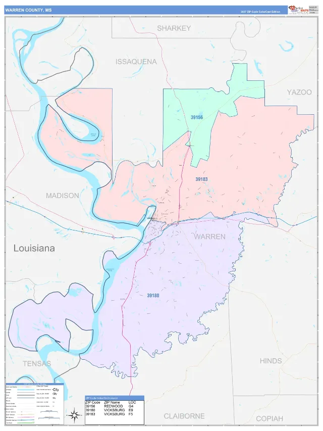 Warren County, MS ZIP Code Wall Map, ColorCast style
