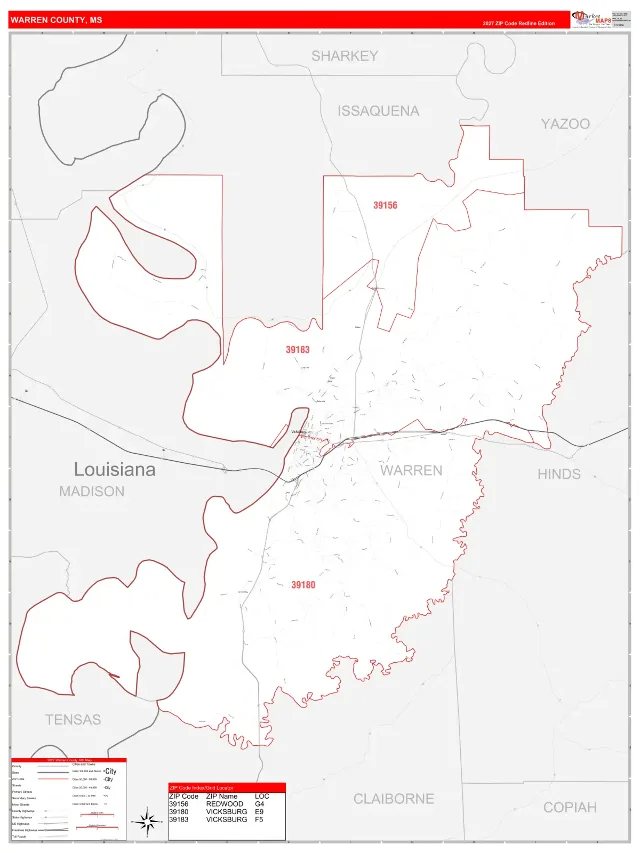Warren County, MS ZIP Code Wall Map, RedLine style