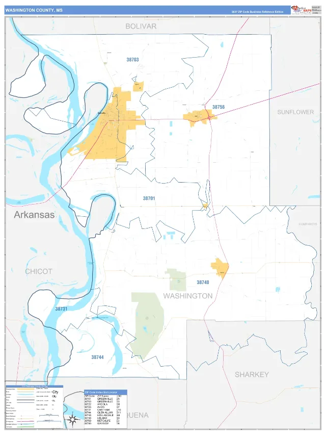 Washington County, MS ZIP Code Wall Map, Business Reference style