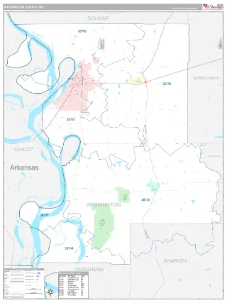 Washington County, MS Classic style ZIP Code wall map
