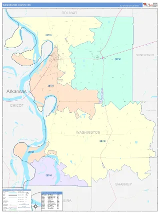 Washington County, MS ColorCast style ZIP Code wall map