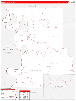 Washington County, MS RedLine style ZIP Code wall map