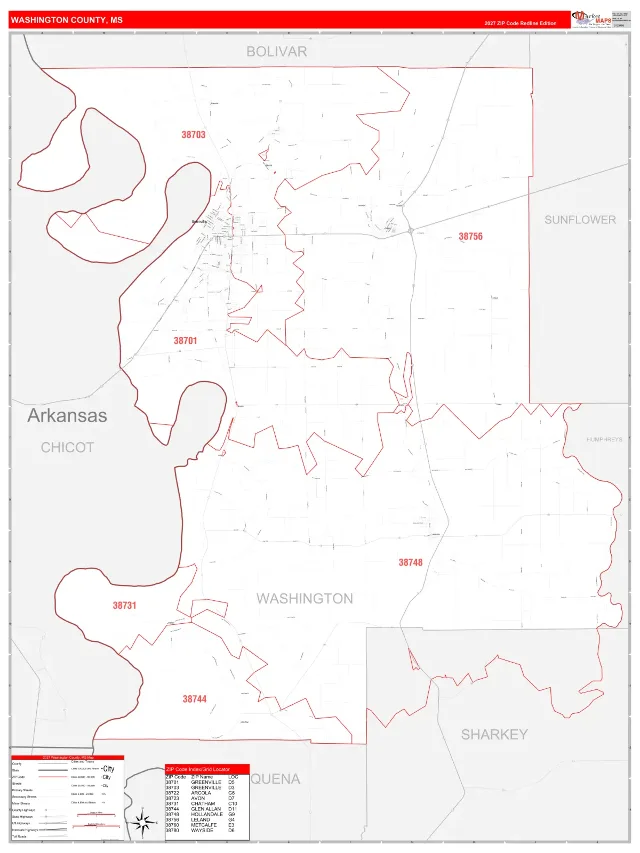 Washington County, MS ZIP Code Wall Map, RedLine style