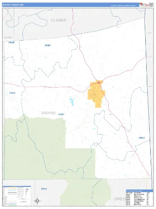 Wayne County, MS Business Reference style ZIP Code wall map