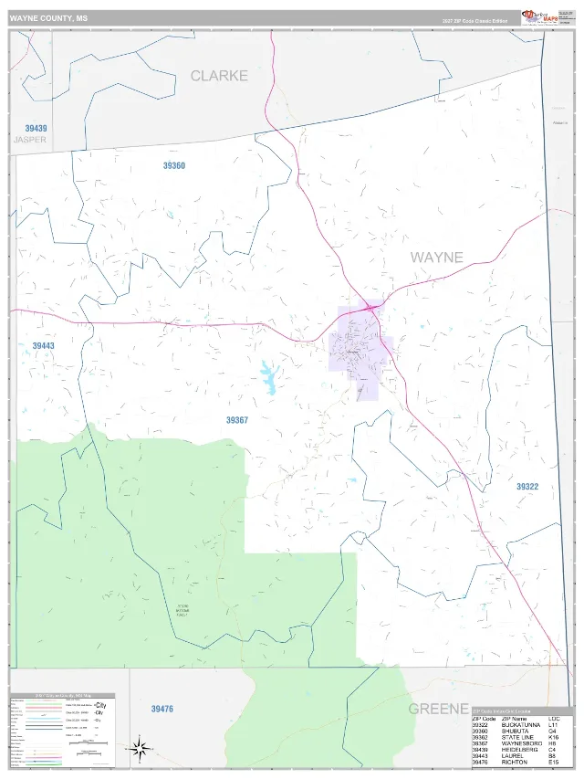 Wayne County, MS ZIP Code Wall Map, Classic style