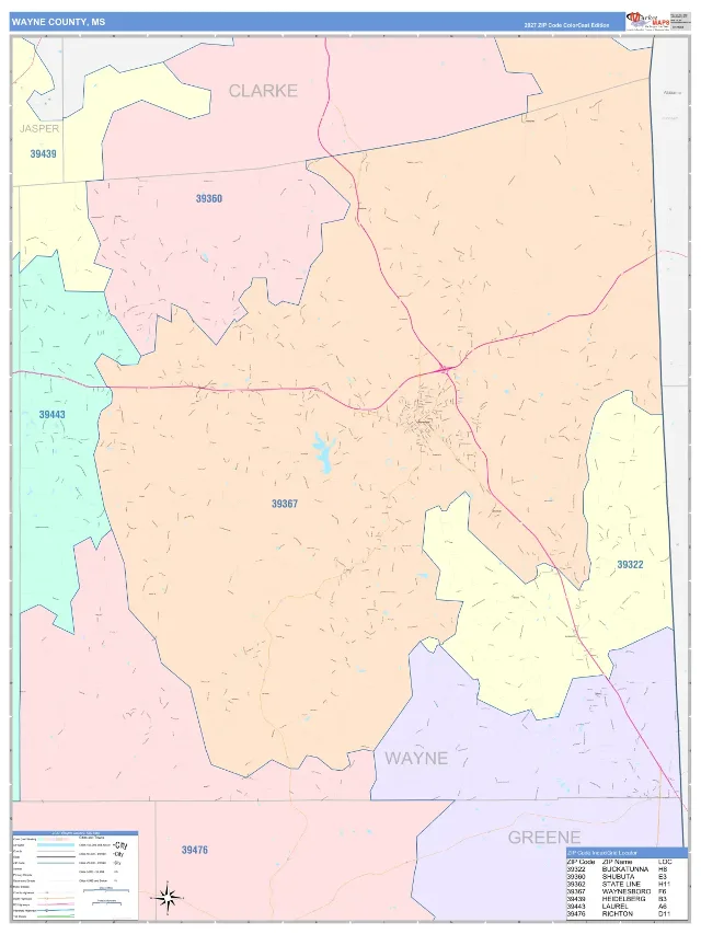 Wayne County, MS ZIP Code Wall Map, ColorCast style