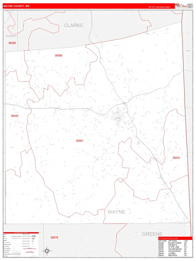 Wayne County, MS ZIP Code Wall Map, RedLine style