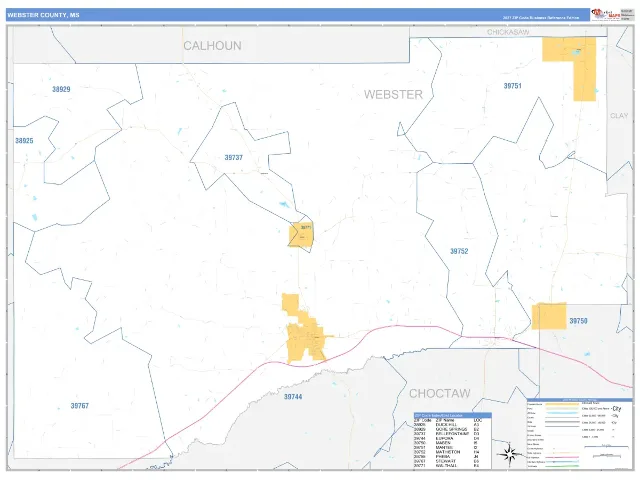 Webster County, MS ZIP Code Wall Map, Business Reference style