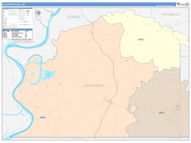 Wilkinson County, MS ZIP Code Wall Map, ColorCast style
