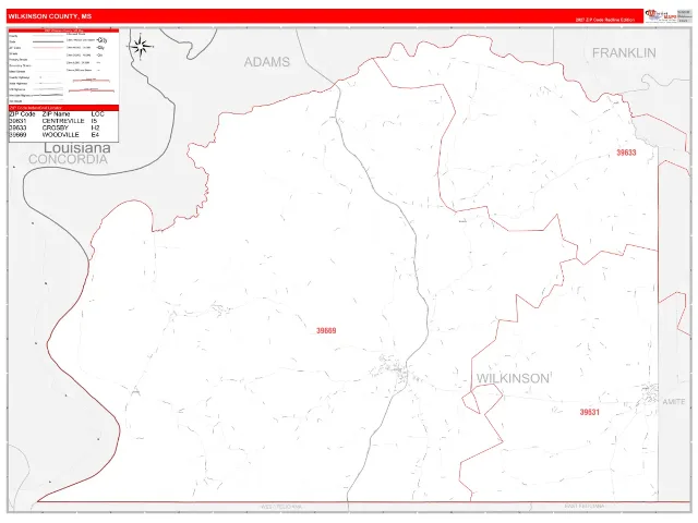 Wilkinson County, MS ZIP Code Wall Map, RedLine style