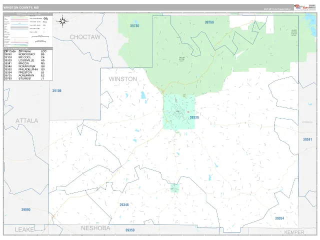 Winston County, MS ZIP Code Wall Map, Classic style