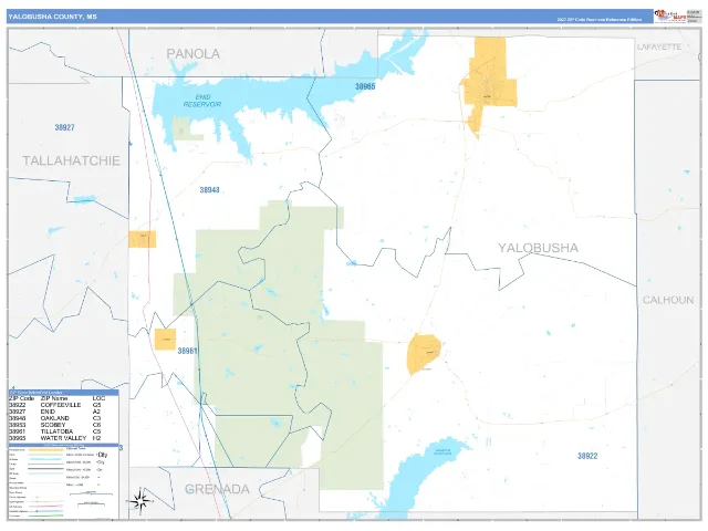 Yalobusha County, MS ZIP Code Wall Map, Business Reference style