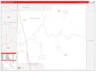Yalobusha County, MS RedLine style ZIP Code wall map