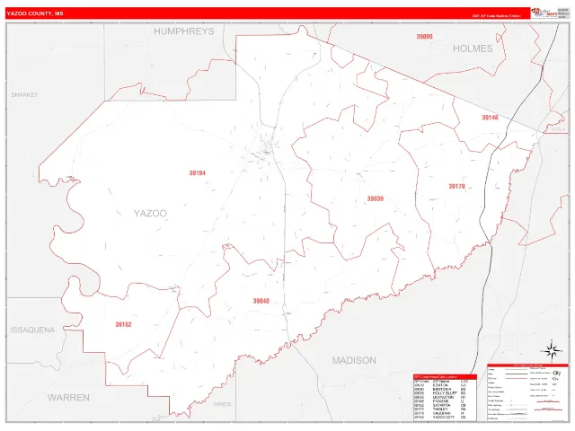 Yazoo County, MS ZIP Code Wall Map, RedLine style