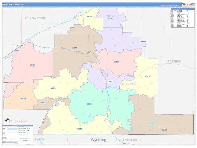 Big Horn County, MT ZIP Code Wall Map, ColorCast style