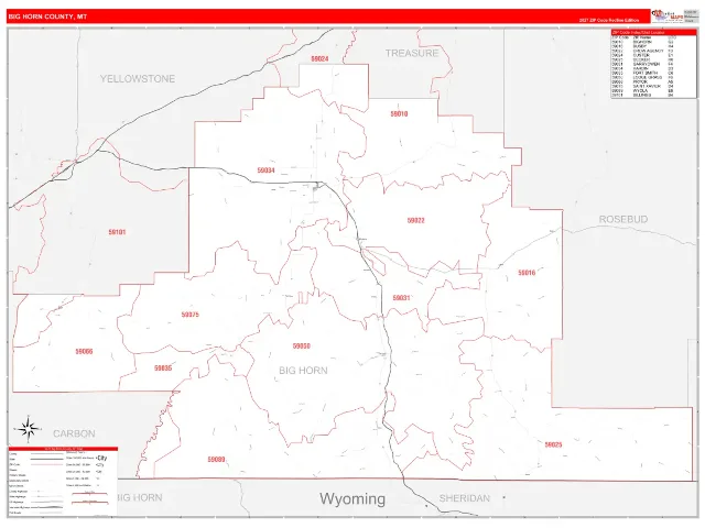 Big Horn County, MT ZIP Code Wall Map, RedLine style