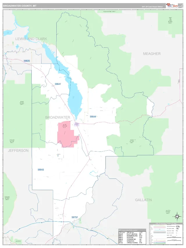Broadwater County, MT ZIP Code Wall Map, Classic style