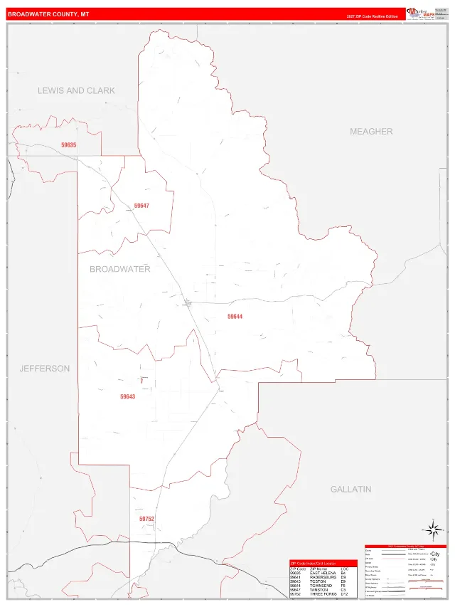 Broadwater County, MT ZIP Code Wall Map, RedLine style
