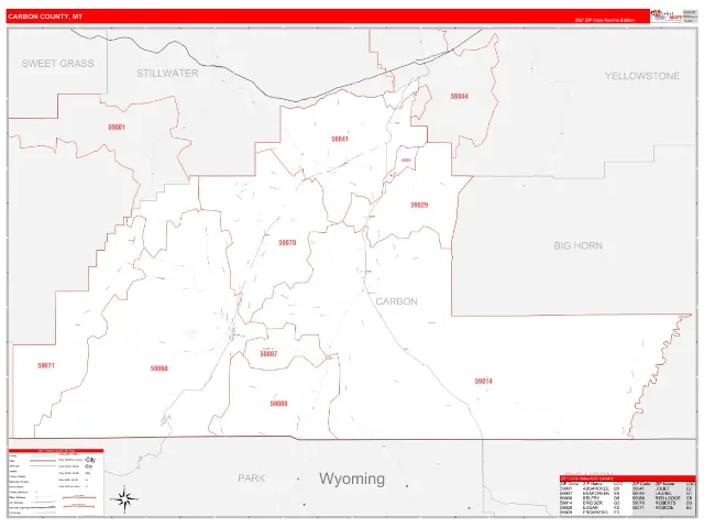 Carbon County, MT ZIP Code Wall Map, RedLine style