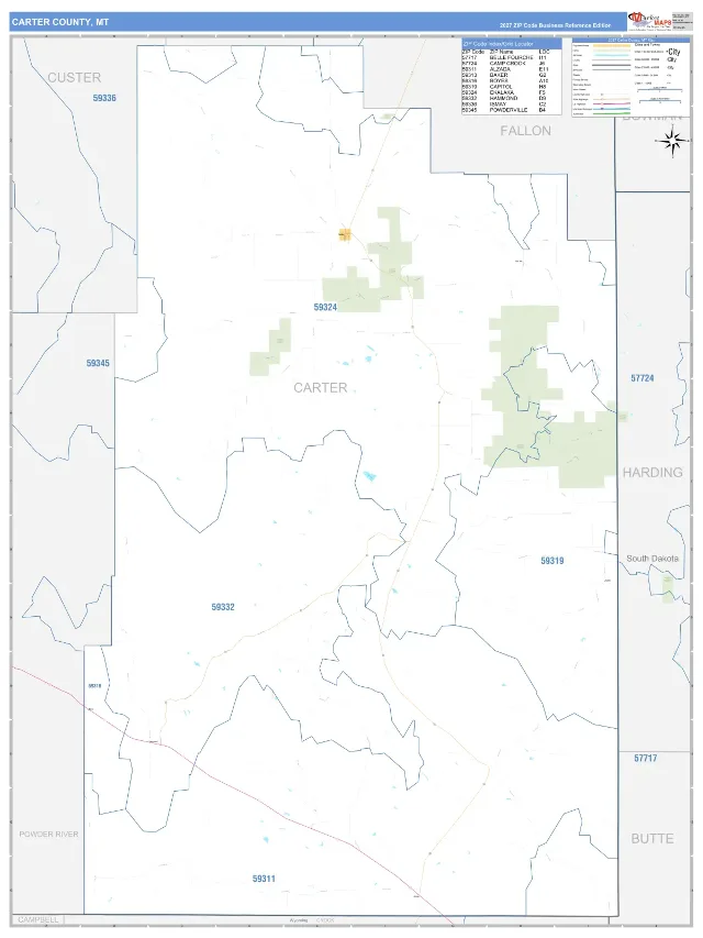 Carter County, MT ZIP Code Wall Map, Business Reference style