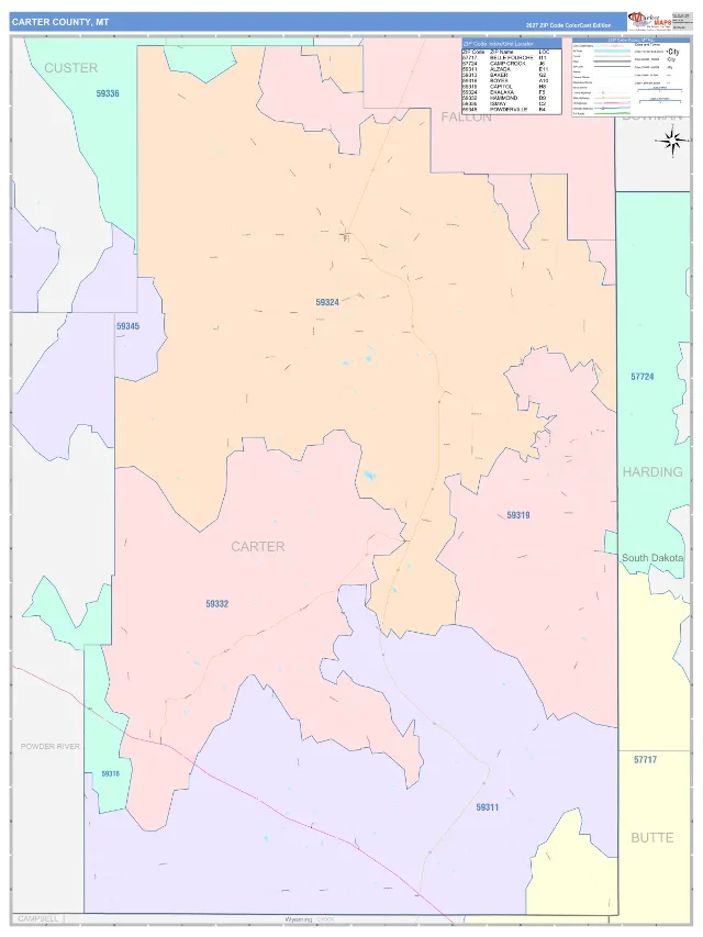 Carter County, MT ZIP Code Wall Map, ColorCast style