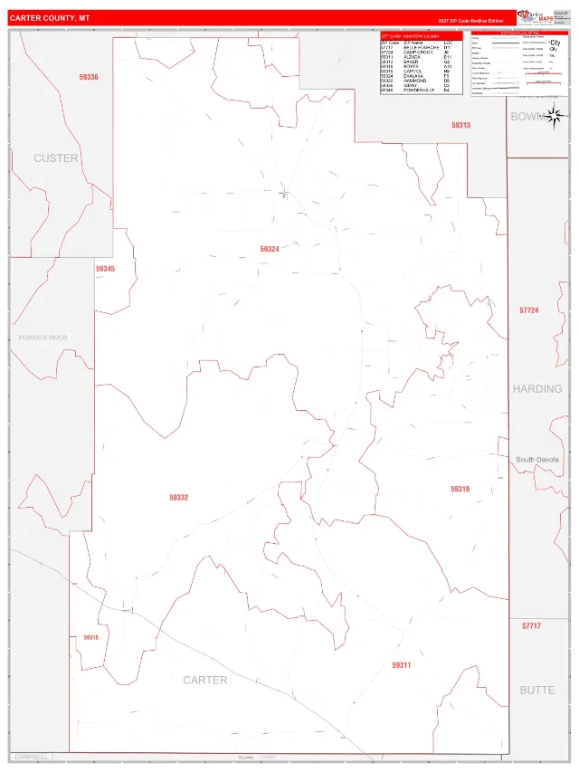 Carter County, MT ZIP Code Wall Map, RedLine style