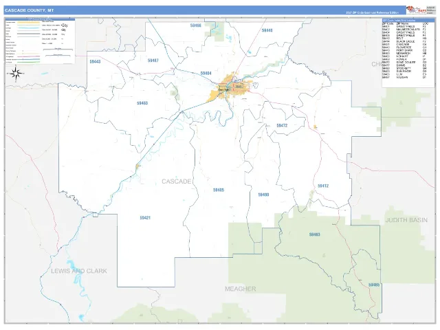 Cascade County, MT ZIP Code Wall Map, Business Reference style