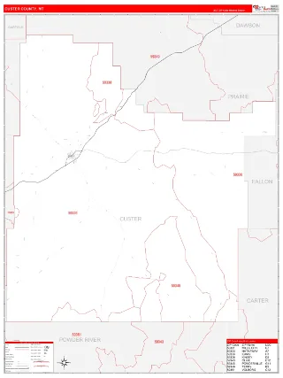 Custer County, MT RedLine style ZIP Code wall map