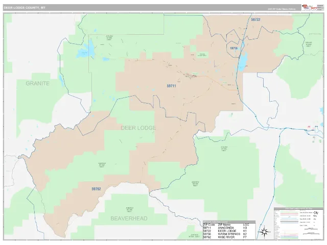 Deer Lodge County, MT ZIP Code Wall Map, Classic style