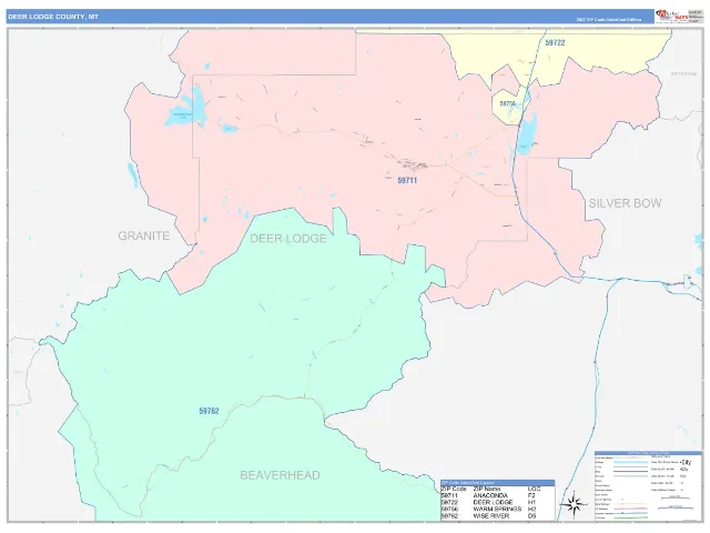 Deer Lodge County, MT ZIP Code Wall Map, ColorCast style