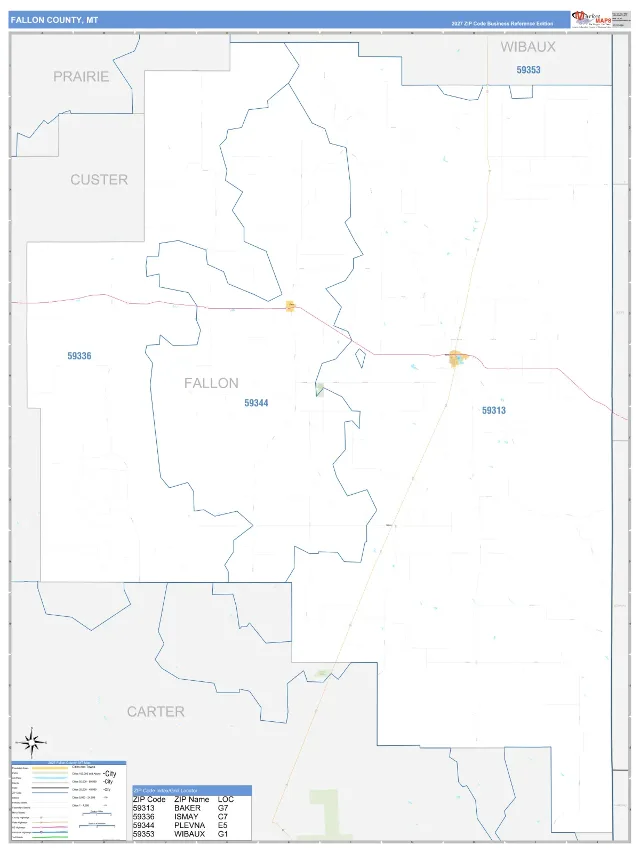 Fallon County, MT ZIP Code Wall Map, Business Reference style