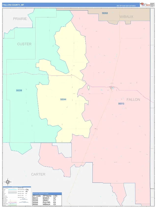 Fallon County, MT ZIP Code Wall Map, ColorCast style