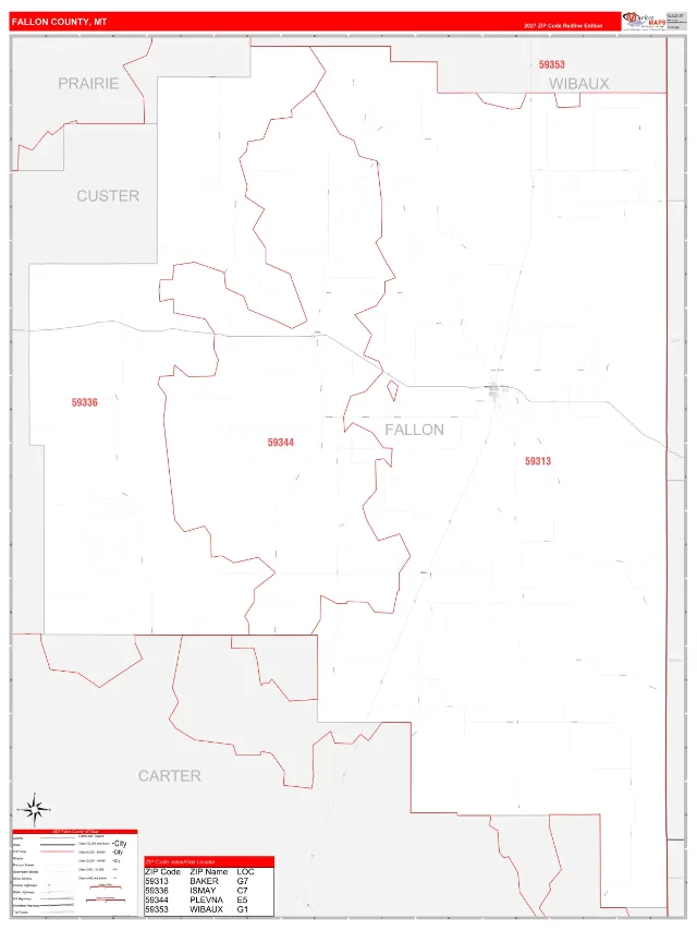 Fallon County, MT ZIP Code Wall Map, RedLine style