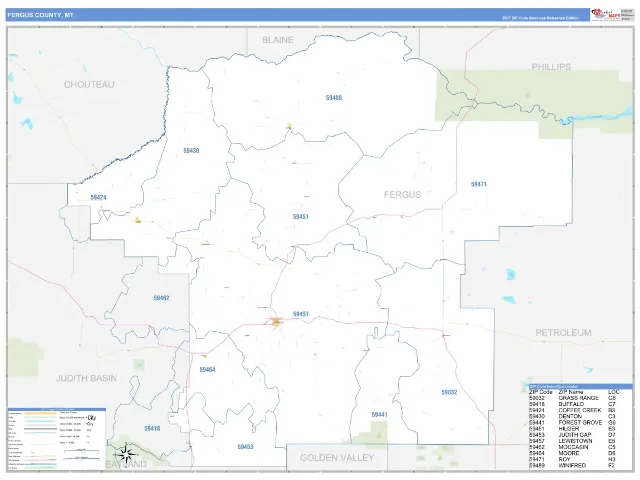 Fergus County, MT ZIP Code Wall Map, Business Reference style