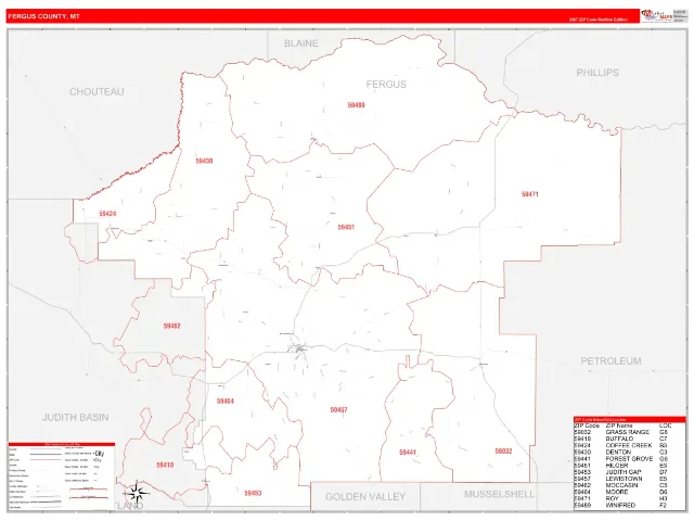 Fergus County, MT ZIP Code Wall Map, RedLine style
