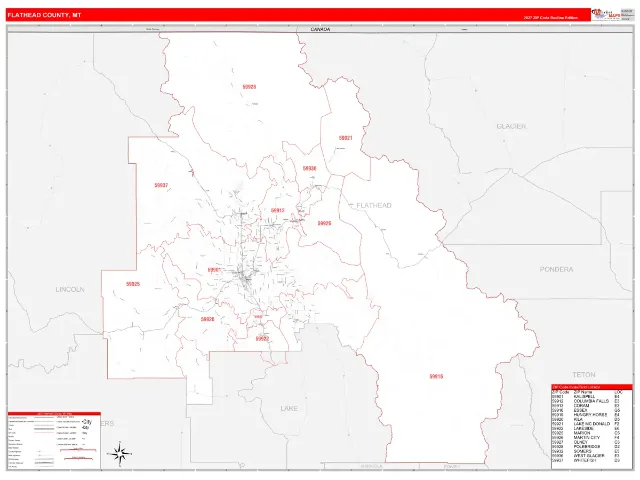 Flathead County, MT ZIP Code Wall Map, RedLine style