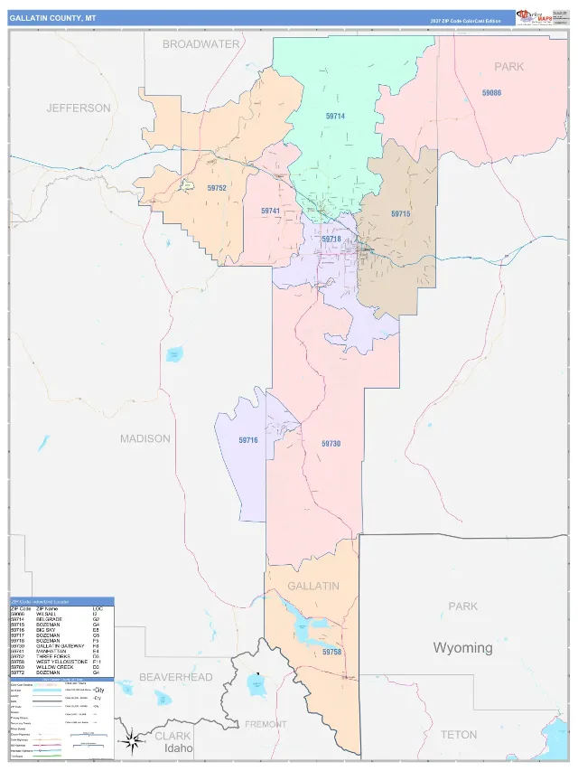 Gallatin County, MT ZIP Code Wall Map, ColorCast style